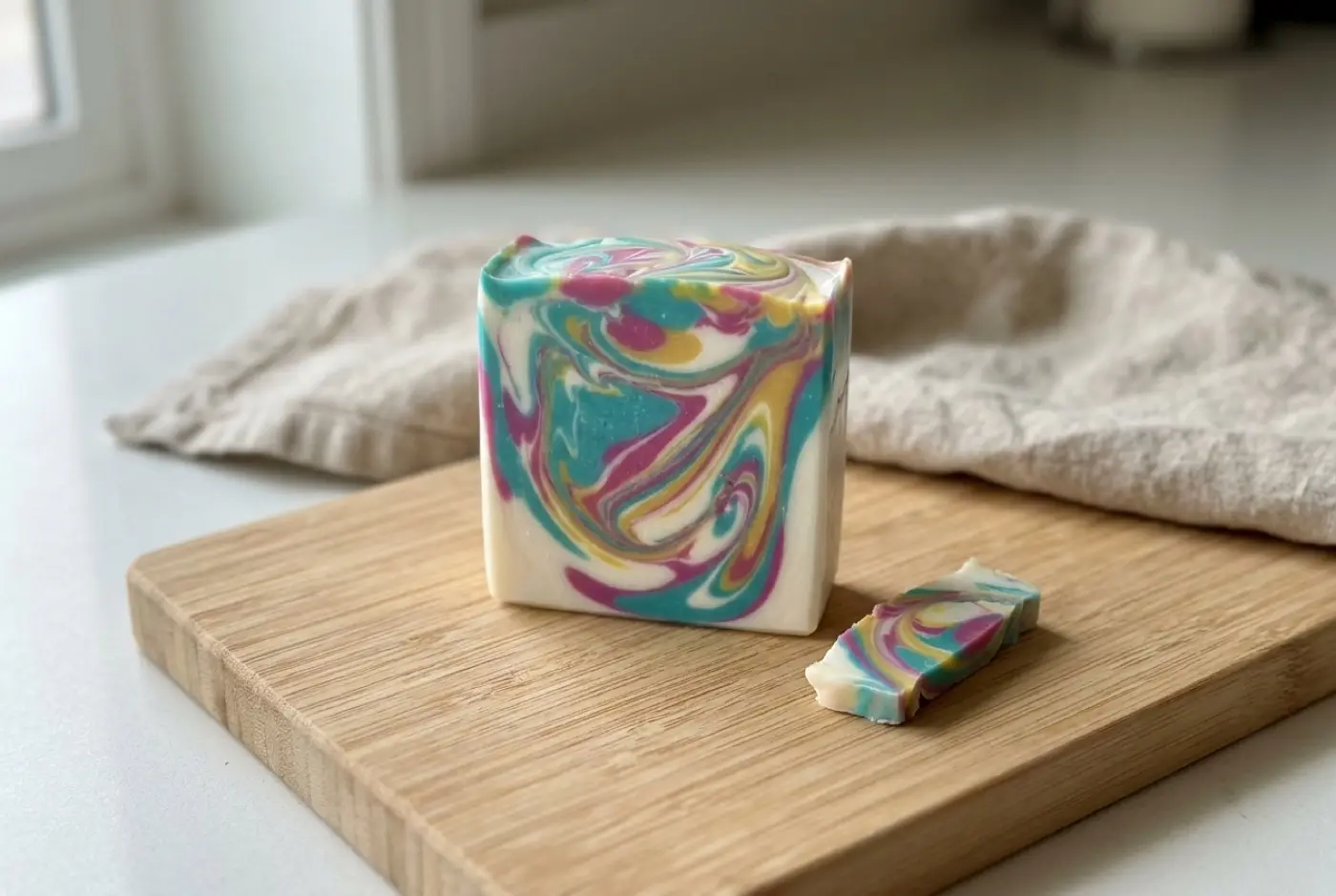 A handmade bar of soap with teal, pink, and yellow swirls sits on a wooden board.