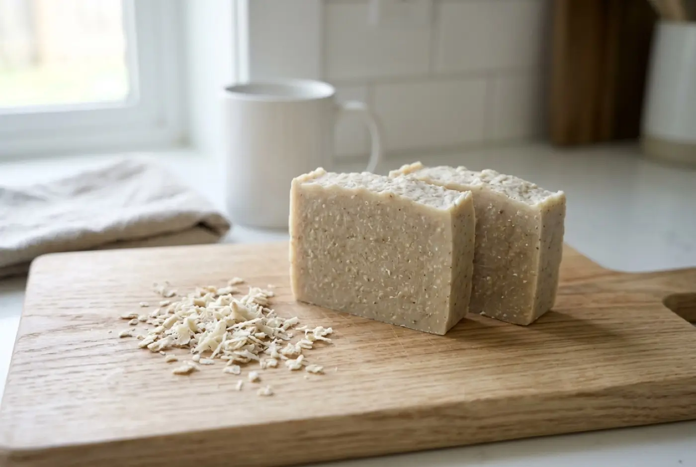 Two handmade oatmeal soap bars sit on a wooden cutting board beside scattered oat flakes.
