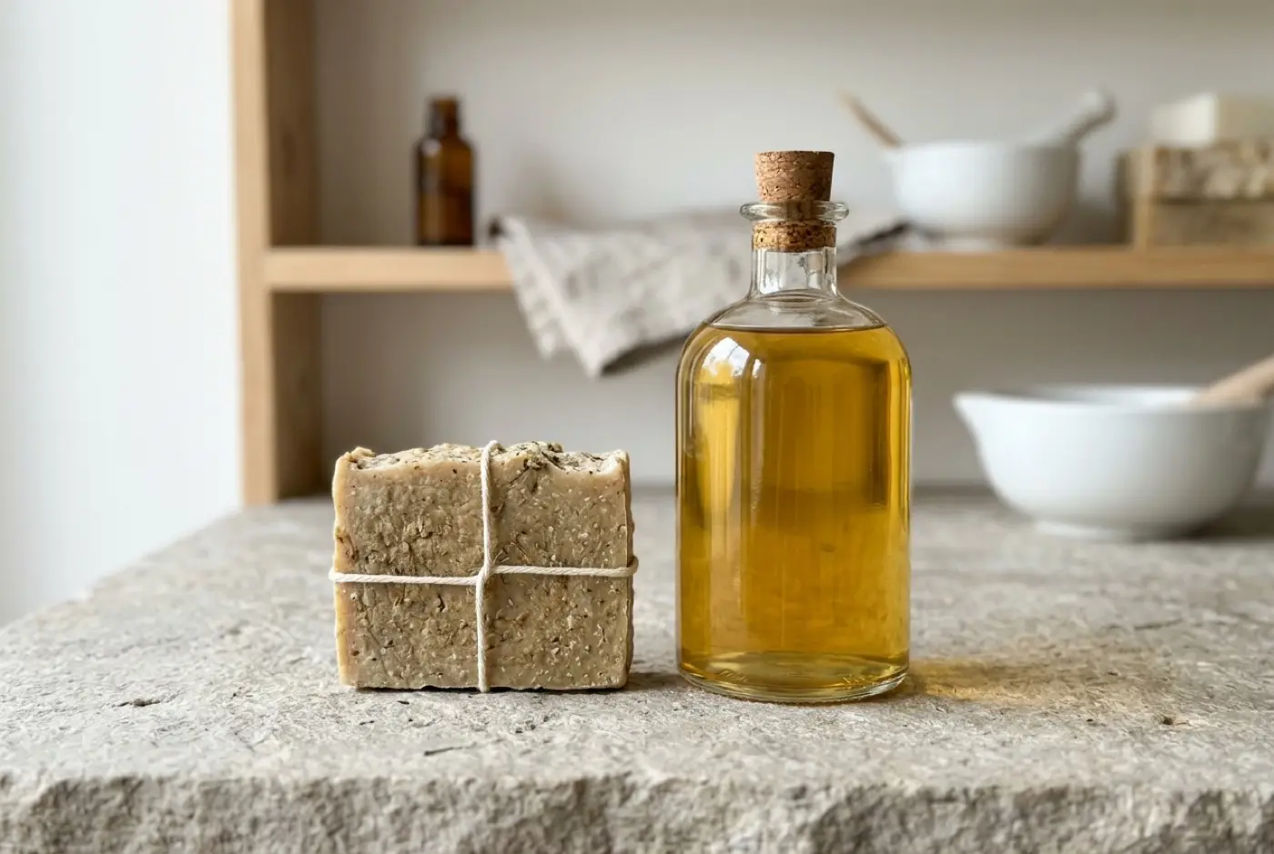 A handmade soap bar tied with twine stands next to a bottle of golden oil on stone.