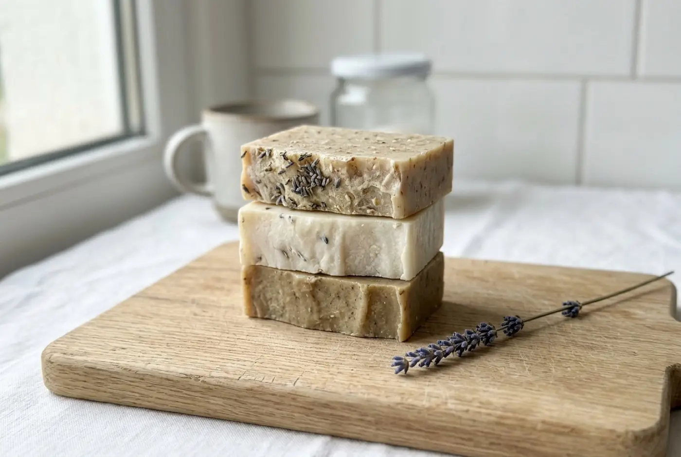 Three bars of handmade soap stacked on a wooden cutting board beside a dried lavender sprig.