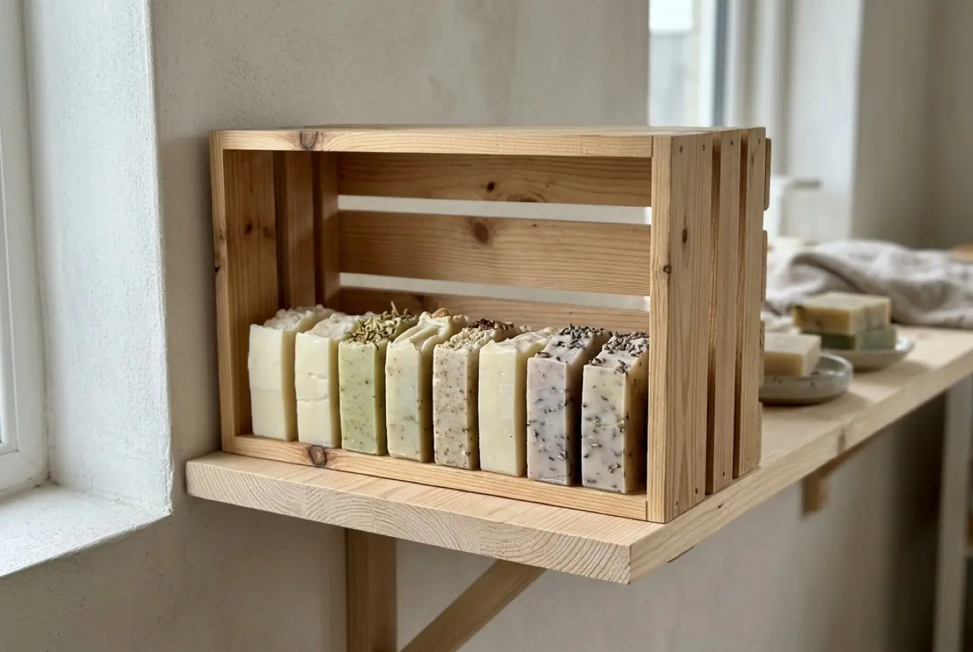Assorted handmade soap bars displayed in a row inside a wooden crate on a shelf.