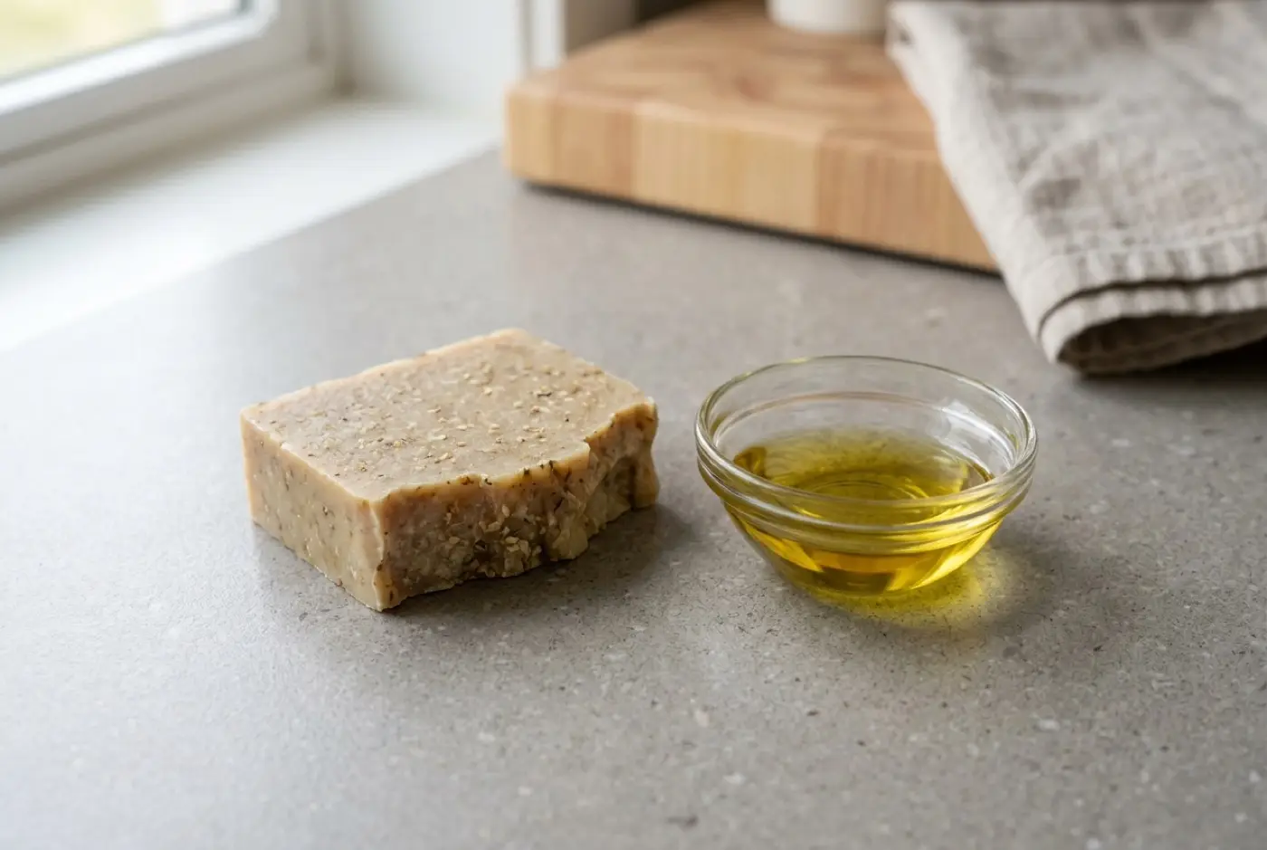 A rustic bar of handmade soap sits next to a small glass bowl of golden oil.