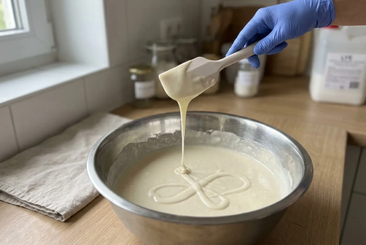 A gloved hand drizzles thick soap batter from a spatula into a stainless steel bowl.