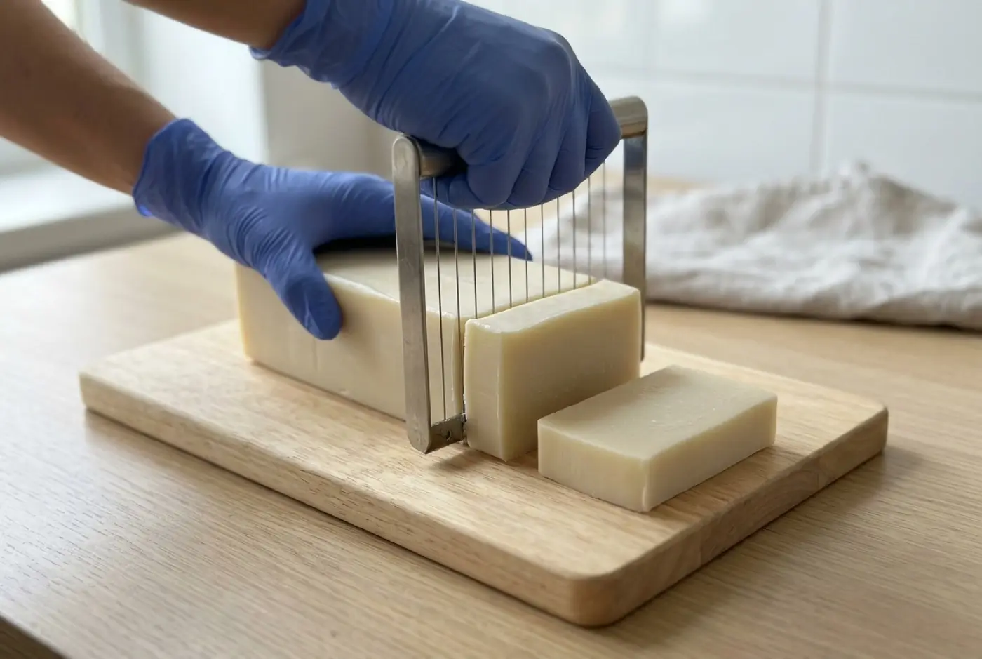 Gloved hands use a wire cutter to slice a block of handmade soap on a wooden board.
