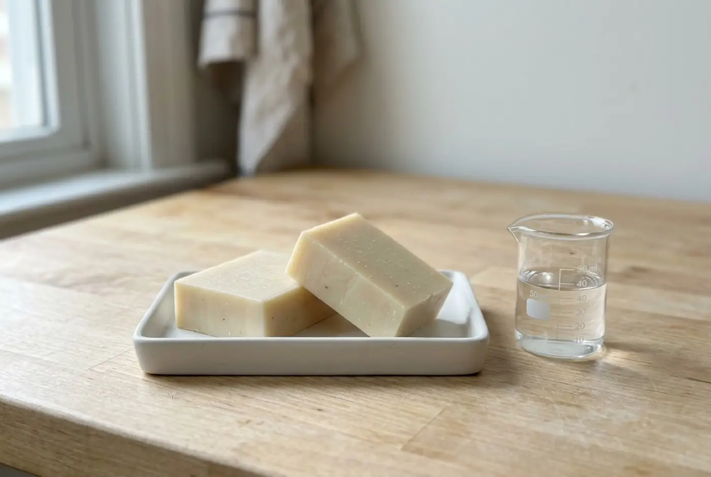 Two natural soap bars on a white dish beside a small glass beaker containing clear liquid.