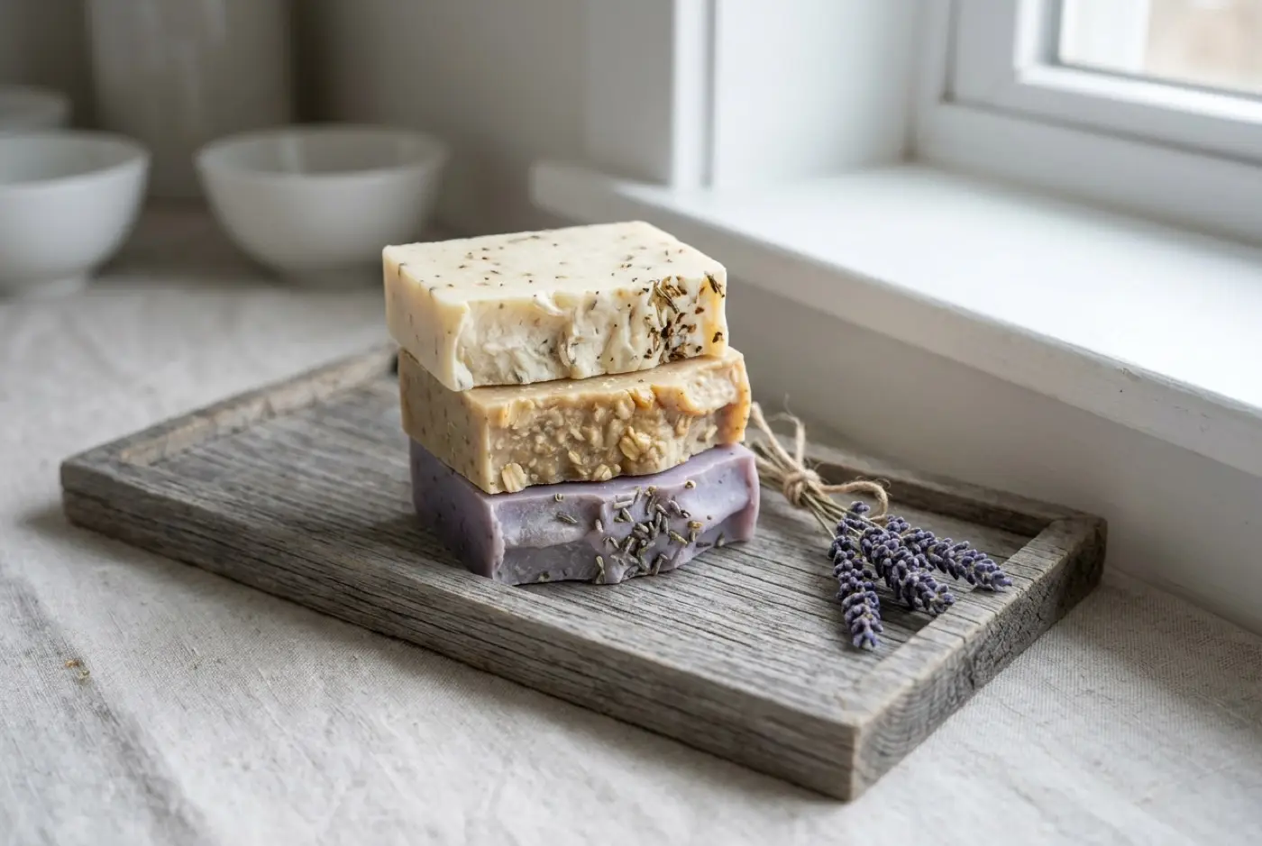 Three stacked handmade soap bars next to dried lavender sprigs on a rustic wooden tray.