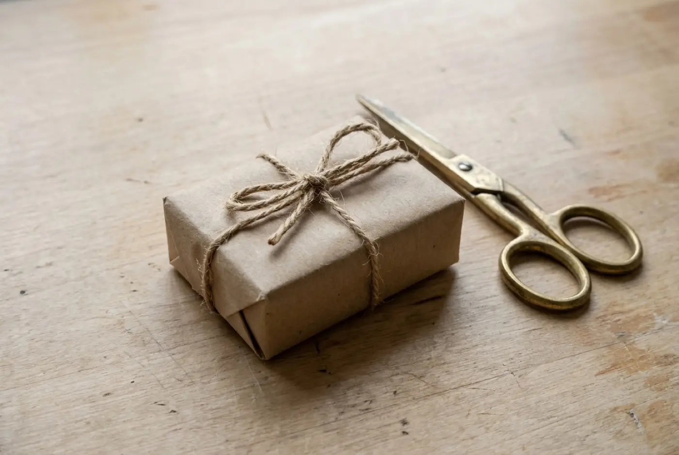 A handmade soap bar wrapped in brown paper with twine sits next to vintage brass scissors.