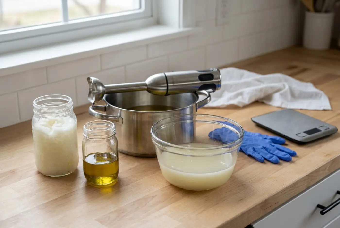 Soap making ingredients and tools, including oils, an immersion blender, and gloves, on a wooden counter.
